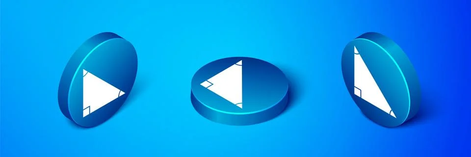 Isometric Triangle math icon isolated on blue background. Blue circle button Illustrazione stock