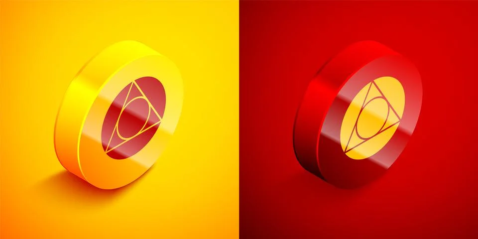 Isometric Triangle math icon isolated on orange and red background. Circle Stock Illustration