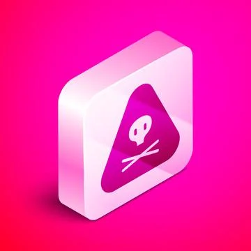 Isometric Triangle warning toxic icon isolated on pink background. Silver square Stock Illustration