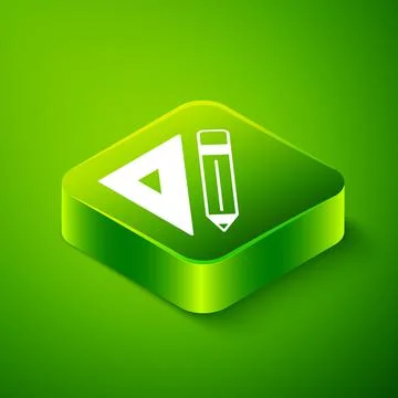 Isometric Triangular ruler and pencil icon isolated on green background Illustrazione stock
