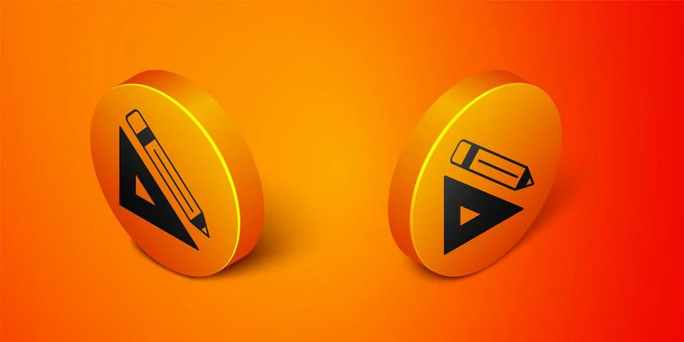 Isometric Triangular ruler and pencil icon isolated on orange background. Str Stock Illustration