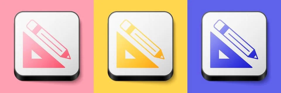 Isometric Triangular ruler and pencil icon isolated on pink, yellow and blue Illustrazione stock