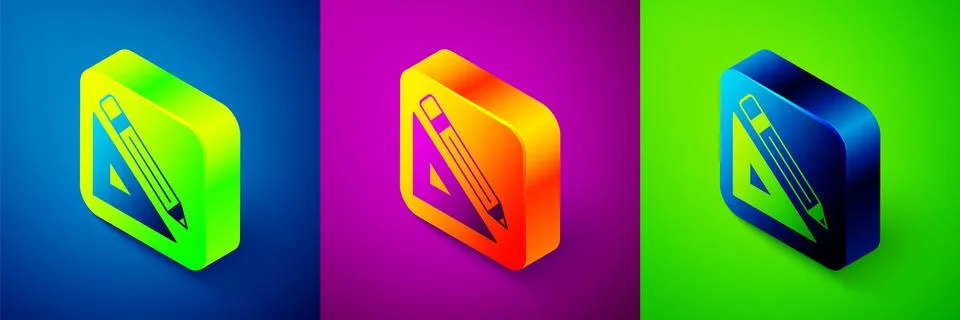 Isometric Triangular ruler and pencil icon isolated on blue, purple and green Stock Illustration