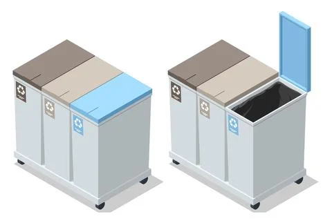 Isometric triple recycle bin station with separate lids on a wheeled base Stock Illustration