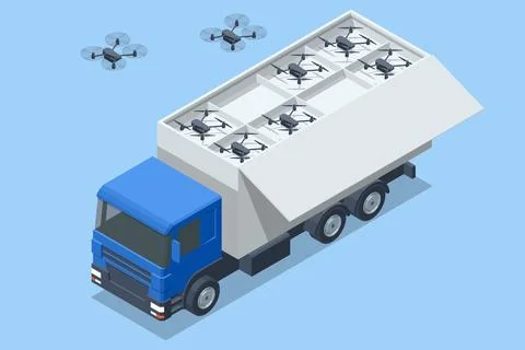 Isometric truck carrying multiple quadcopters inside an opened cargo compartment 스톡 일러스트