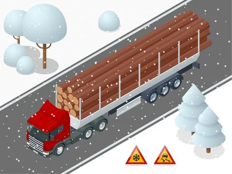 Isometric Truck with trailer loaded with tree trunks. powerful big rig day cab Stock Illustration