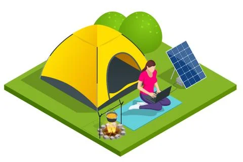 Isometric turistic camp or campground with tent and campfire. The girl works on Stock Illustration