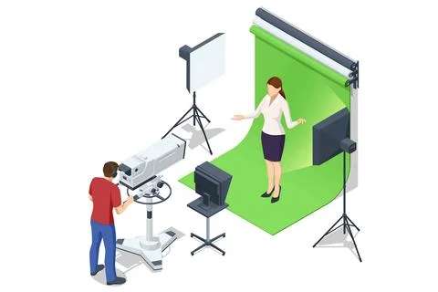 Isometric TV studio. Expert Talk Politics, Science, News, Entertainment. Show Illustration