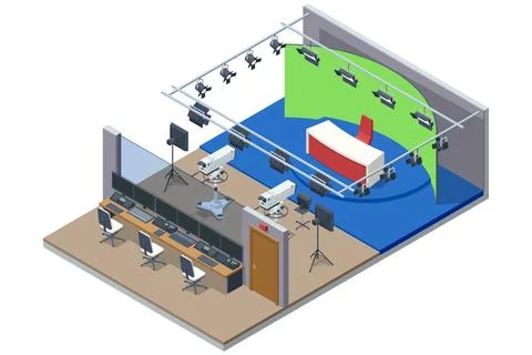 Isometric TV studio. NEWS studio with light equipment ready for recordind Stock Illustration