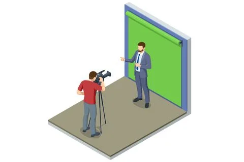Isometric TV studio. Operators shooting actor on green background. Expert Talk Illustration