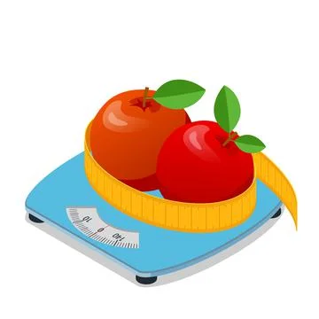 Isometric two apples lie on a scale and measurement tape. Healthy food and Diet Stock Illustration