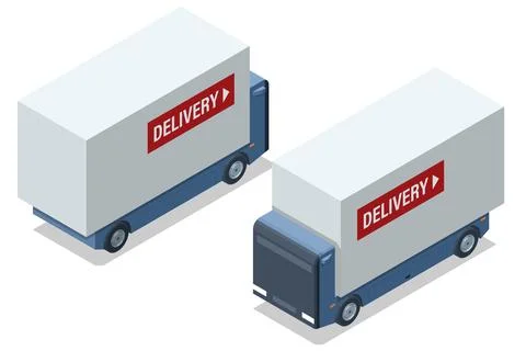 Isometric two autonomous box trucks isolated, shown from different angles. Smart Illustrazione stock