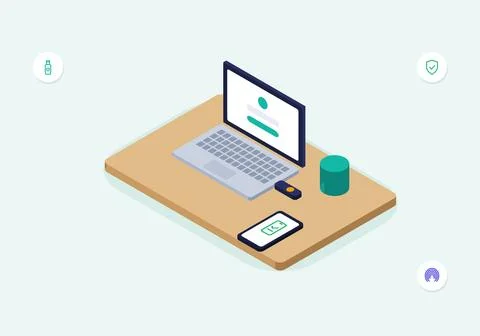 Isometric two factor authentication workspace with laptop login screen, hardware Stock Illustration