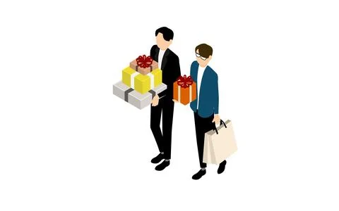 Isometric, two men walking with presents Stock Illustration