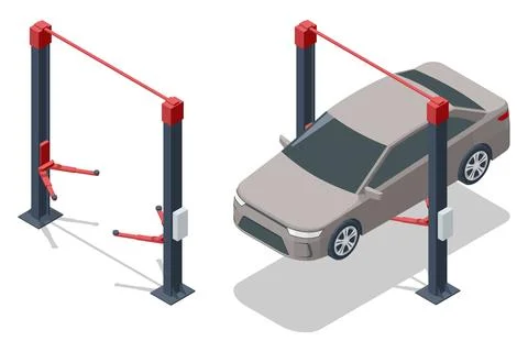 Isometric two-post car lift illustration. A gray sedan is raised by four Stock Illustration