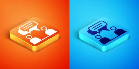 Isometric Two sitting men talking icon isolated on orange and blue background Stock Illustration