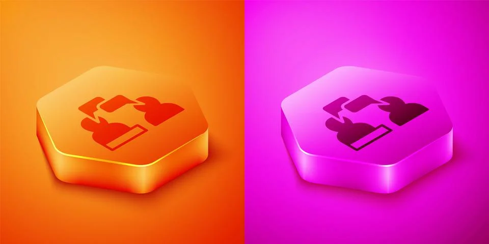 Isometric Two sitting men talking icon isolated on orange and pink background Illustration