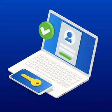 Isometric Two steps authentication on computer. Smartphone and computer safety Stock Illustration