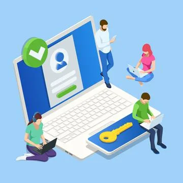 Isometric Two steps authentication on computer. Smartphone and computer safety Stock Illustration