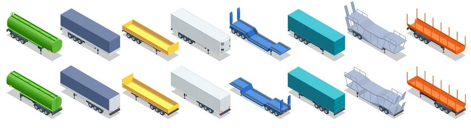 Isometric Types of trailers. Parked semi trailer, semi trailer truck on a white Stock Illustration