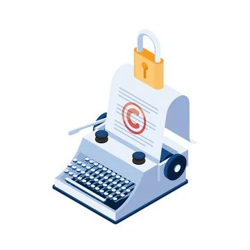 Isometric Typewriter with Copyright Document and Padlock Illustrazione stock