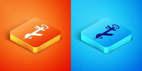 Isometric UAV Drone icon isolated on orange and blue background. Military U.. Stock Illustration