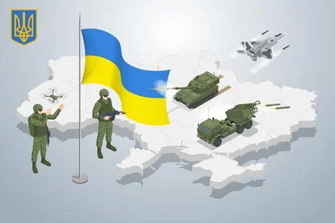 Isometric Ukrainian soldier on the background of the map of Ukraine and the Illustrazione stock
