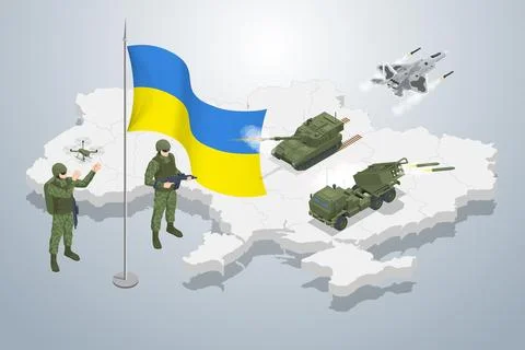 Isometric Ukrainian soldier on the background of the map of Ukraine and the Illustration