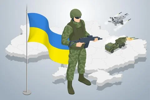 Isometric Ukrainian soldier on the background of the map of Ukraine and the Stock Illustration