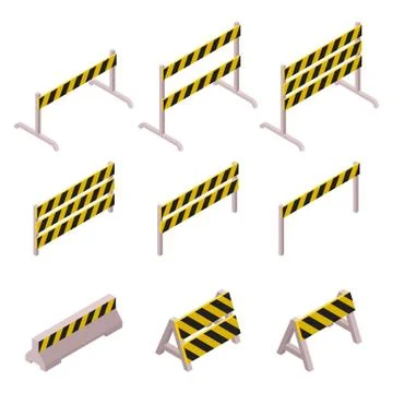 Isometric under construction barrier set vector illustration isolated on white b Stock Illustration