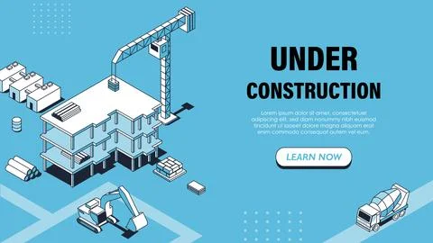 Isometric under construction poster. Construction crane with building. Tractor Stock Illustration