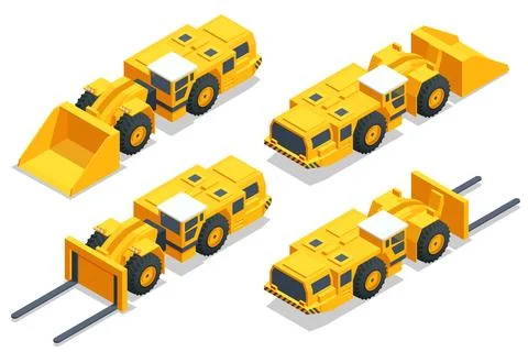 Isometric Underground Mining Trucks. Underground loader, excavator. Equipment Stockillustratie