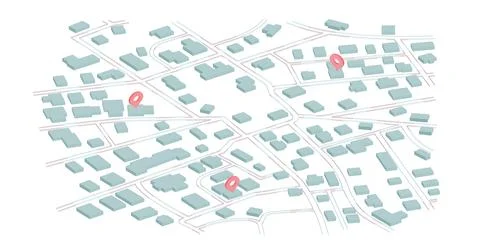 Isometric urban plan with simple building blocks and three red location markers Stock Illustration