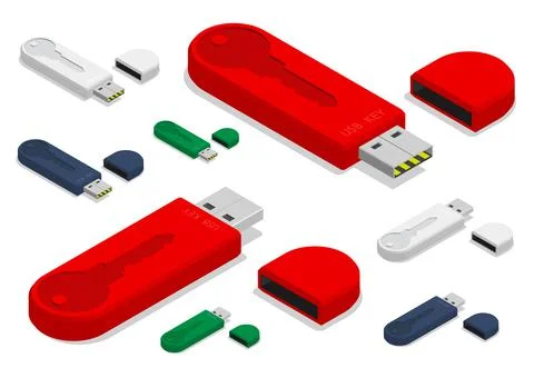 Isometric USB flash drive with key to important digital data. Reliable protec Stock Illustration