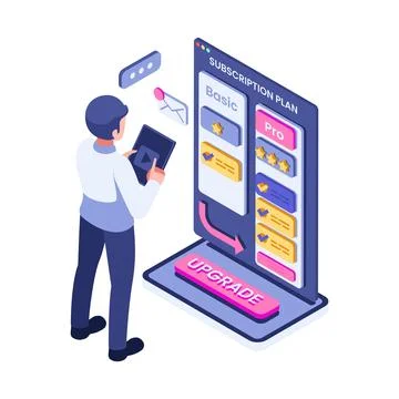 Isometric User Upgrading Subscription Plan from Basic to Pro Stock Illustration