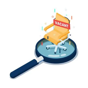 Isometric Vacant Sign with Empty Office Chair on Magnifying Glass Stock Illustration