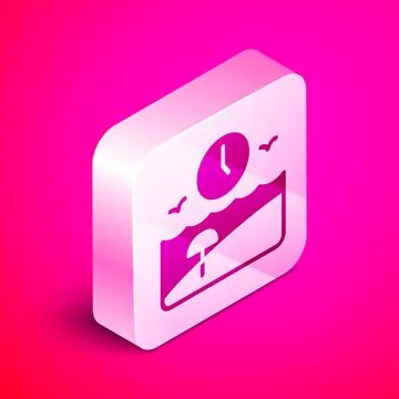 Isometric Vacation time icon isolated on pink background. Silver square button Stock Illustration