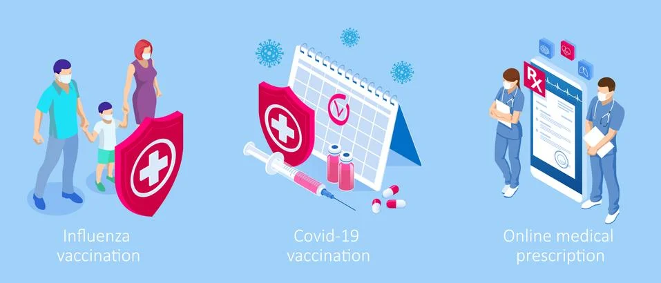 Isometric Vaccination and Immunization, Time to vaccinate, Online medical advise Stock Illustration