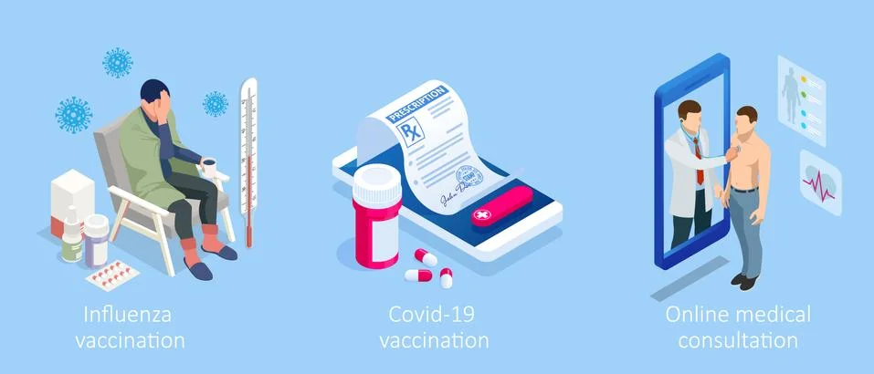 Isometric Vaccination and Immunization, Time to vaccinate, Online medical advise Stock Illustration