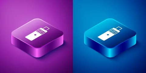 Isometric Vape mod device icon isolated on blue and purple background. Vape.. Stock Illustration