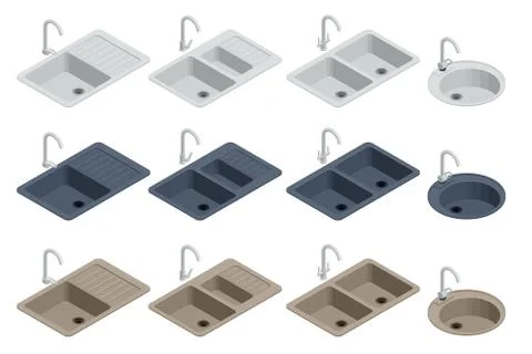 Isometric various elements kitchen sink with tap isolated on white background Stock Illustration