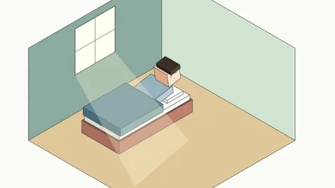 Isometric Vector Animation Of Blocky Character Sleeping And Waking Up Stock Footage 340745554