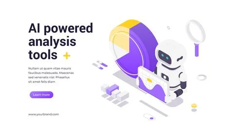 Isometric vector banner template featuring robot with analytics charts and di イラスト素材
