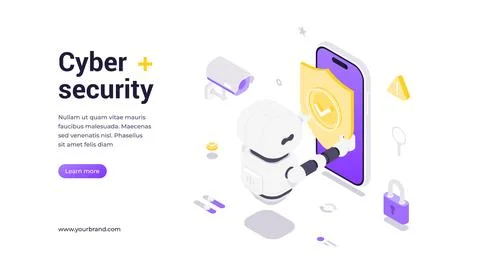 Isometric vector banner template featuring robot holding shield protecting sm イラスト素材