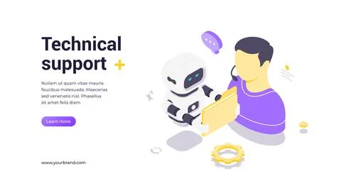 Isometric vector banner template featuring robot assisting operator, surround イラスト素材