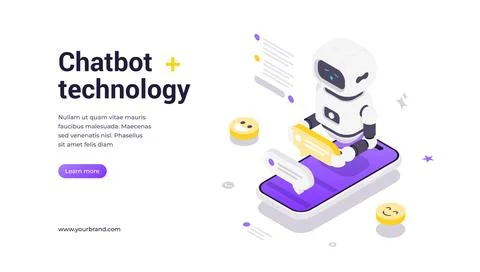 Isometric vector banner template featuring robot on smartphone, surrounded by Illustrazione stock