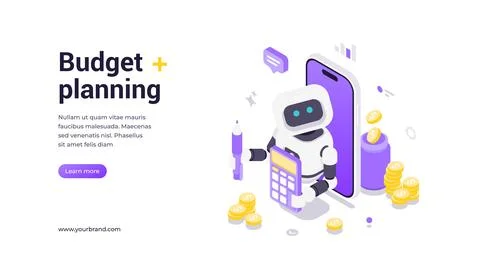 Isometric vector banner template featuring robot with calculator and financia イラスト素材