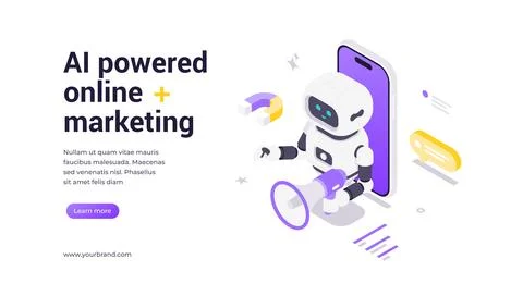 Isometric vector banner template featuring robot with megaphone emerging from Illustrazione stock