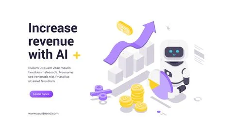 Isometric vector banner template featuring robot holding circular chart with  Stock Illustration