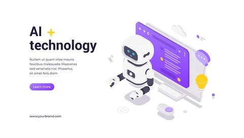 Isometric vector banner template featuring robot sitting in front of monitor  스톡 일러스트